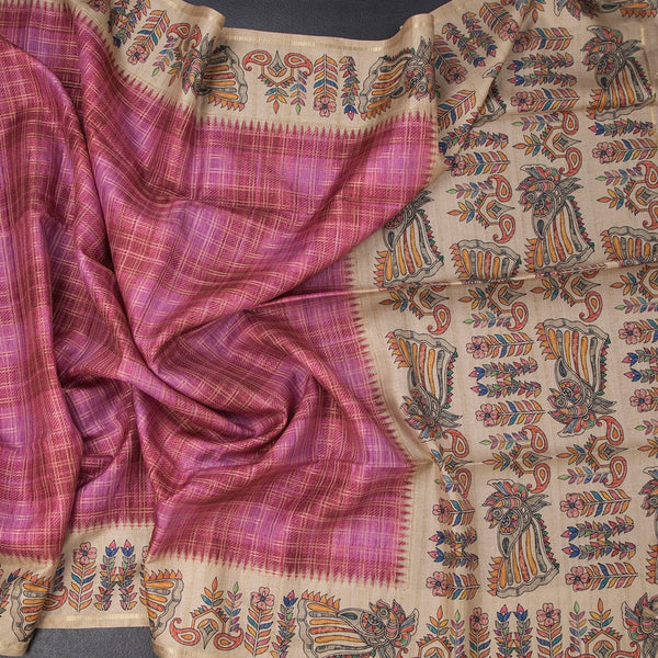 Raw Silk Taffy Pink Zari Checked Saree