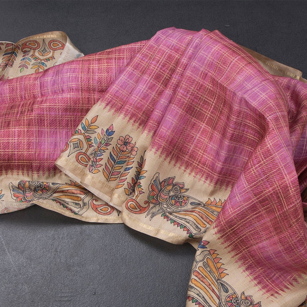 Raw Silk Taffy Pink Zari Checked Saree