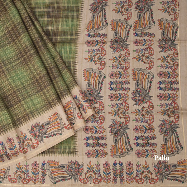 Raw Silk Olive Green Zari Checked Saree