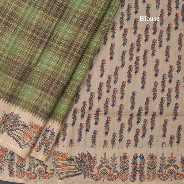 Raw Silk Olive Green Zari Checked Saree