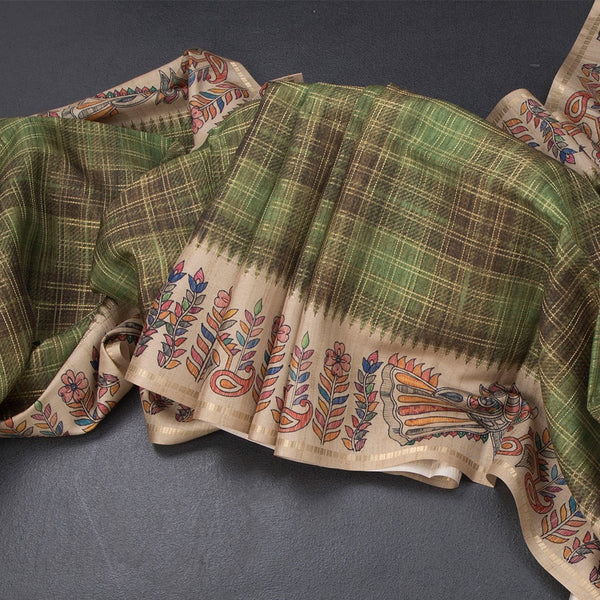 Raw Silk Olive Green Zari Checked Saree