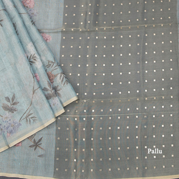 Raw Silk Mint Green Floral Printed Saree