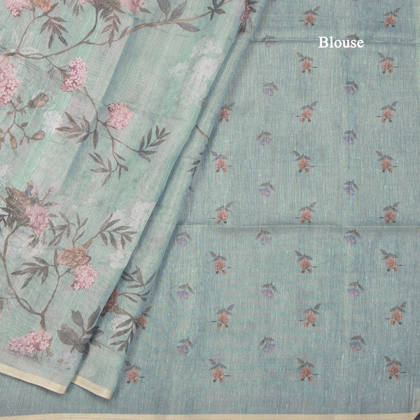 Raw Silk Mint Green Floral Printed Saree