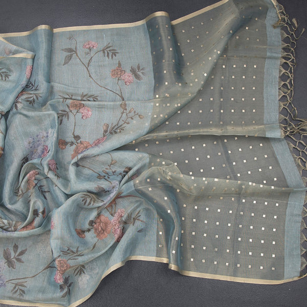 Raw Silk Mint Green Floral Printed Saree