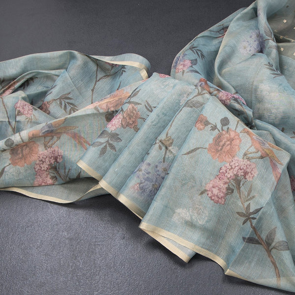 Raw Silk Mint Green Floral Printed Saree