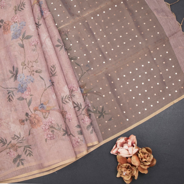 Raw Silk Light Brown Floral Printed Saree 02