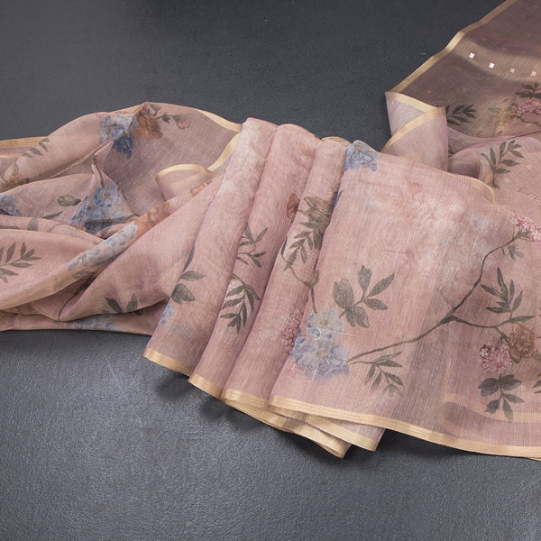Raw Silk Light Brown Floral Printed Saree 02