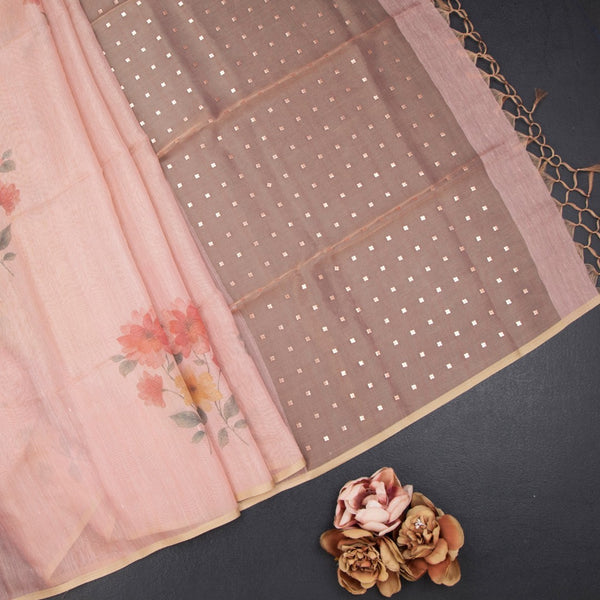 Raw Silk Peach Floral Printed Saree 06