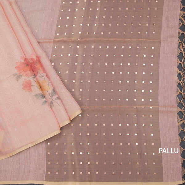Raw Silk Peach Floral Printed Saree 06