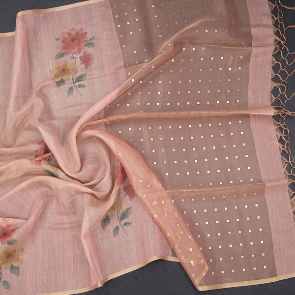 Raw Silk Peach Floral Printed Saree 06