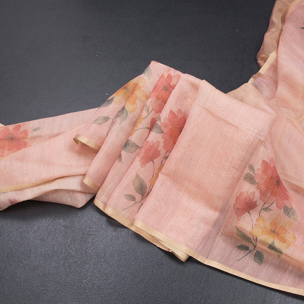 Raw Silk Peach Floral Printed Saree 06