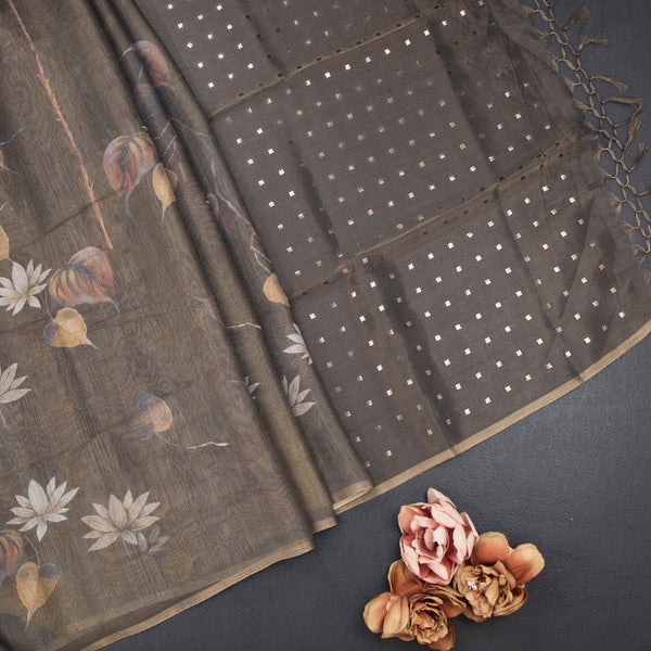 Raw Silk Dark Olive Green Floral Printed Saree