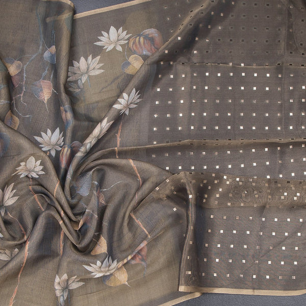 Raw Silk Dark Olive Green Floral Printed Saree