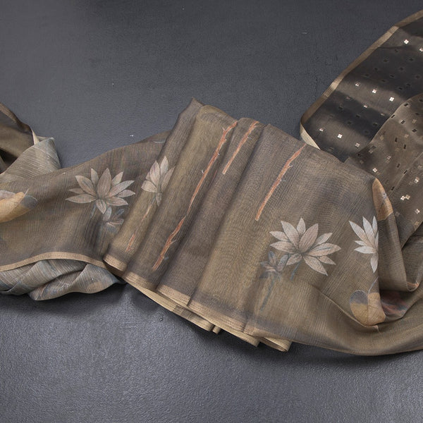 Raw Silk Dark Olive Green Floral Printed Saree