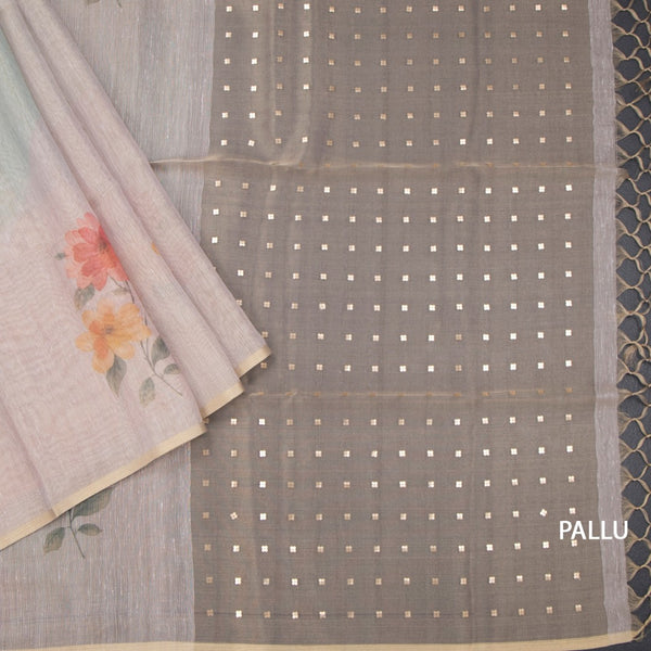 Raw Silk Cream Floral Printed Saree 09