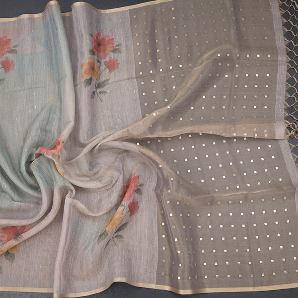 Raw Silk Cream Floral Printed Saree 09