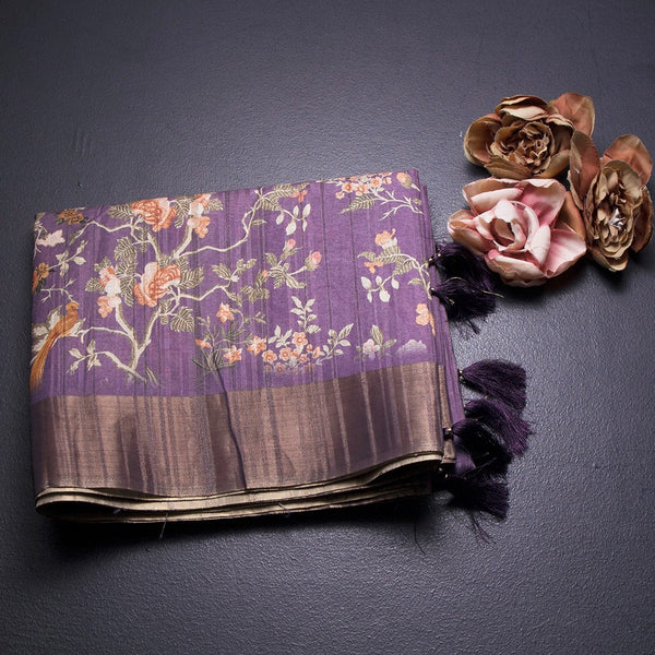 Raw Silk Purple Printed Saree In Tree Design