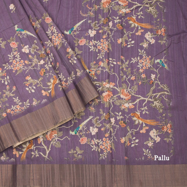 Raw Silk Purple Printed Saree In Tree Design