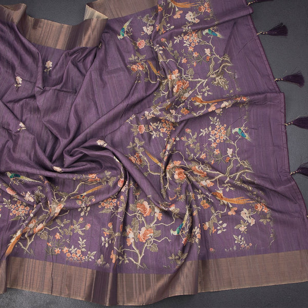 Raw Silk Purple Printed Saree In Tree Design