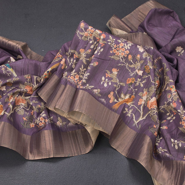 Raw Silk Purple Printed Saree In Tree Design