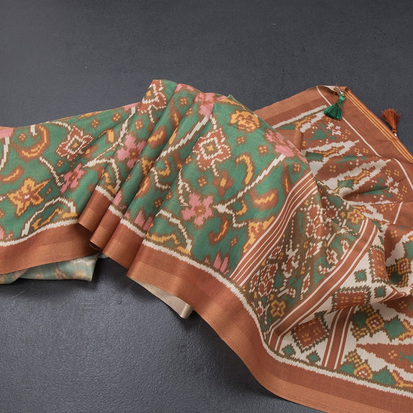 Raw Silk Green Floral Printed Saree 02