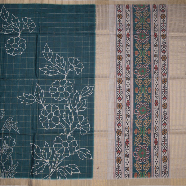 Raw Silk Teal Green Checked Printed Saree