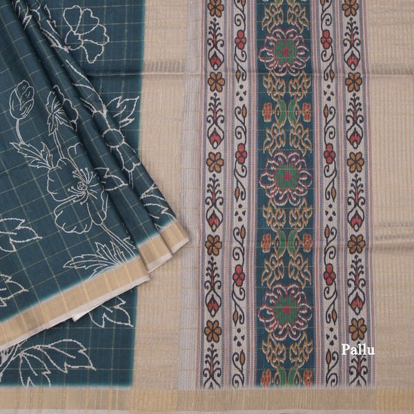 Raw Silk Teal Green Checked Printed Saree