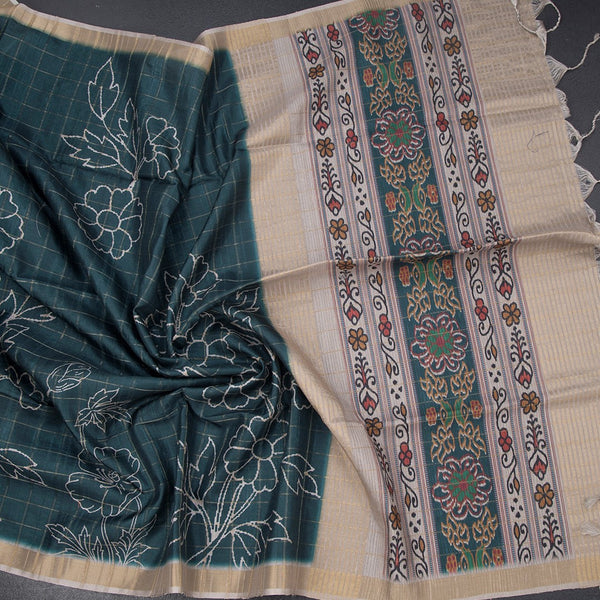 Raw Silk Teal Green Checked Printed Saree