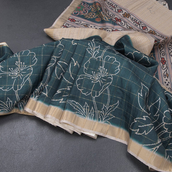 Raw Silk Teal Green Checked Printed Saree