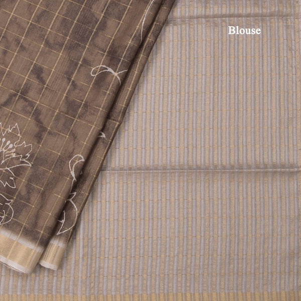 Raw Silk Olive Green Checked Printed Saree
