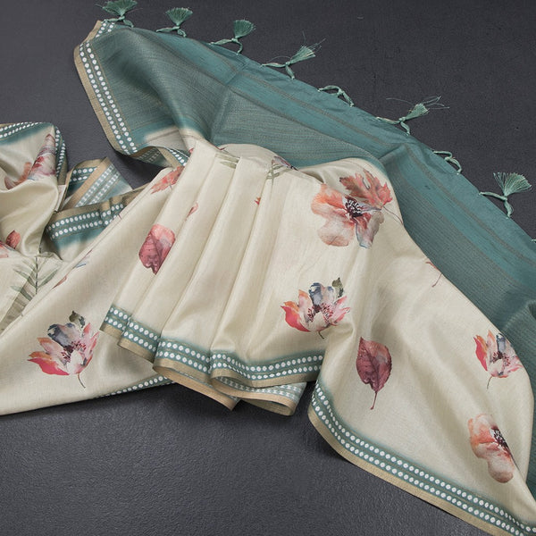 Raw Silk Pista Green Printed Saree