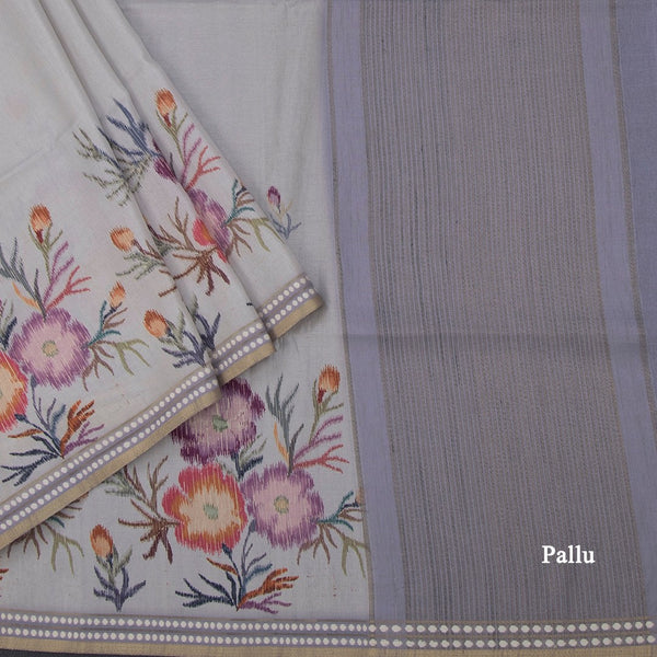 Raw Silk Grey Floral Printed Saree 06