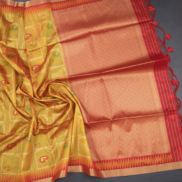 Raw Silk Mango Yellow Printed Saree
