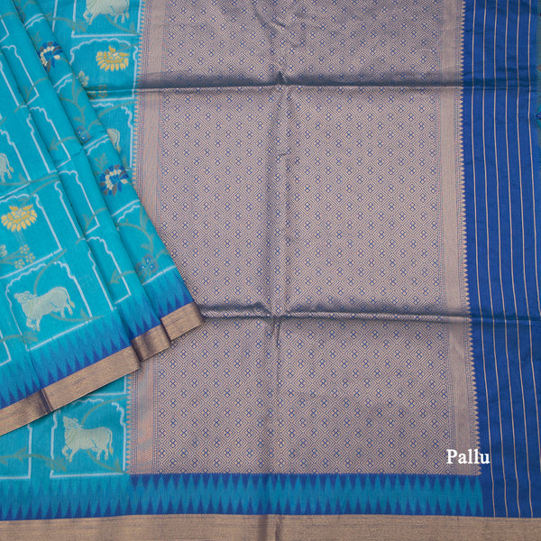 Raw Silk Peacock Blue Printed Saree 02