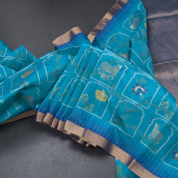 Raw Silk Peacock Blue Printed Saree 02