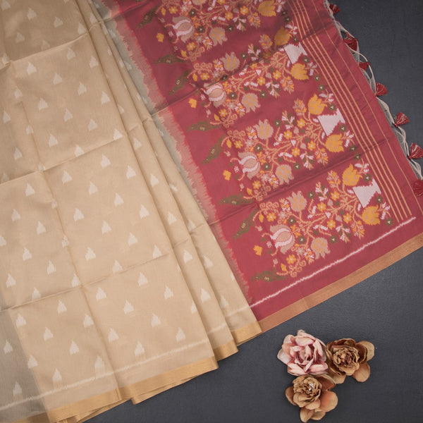 Raw Silk Sandal Printed Saree In Temple Design