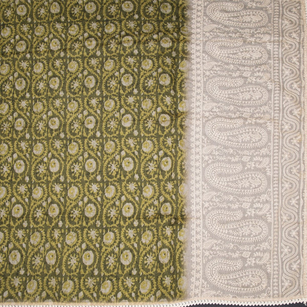 Chanderi Olive Green Printed Saree
