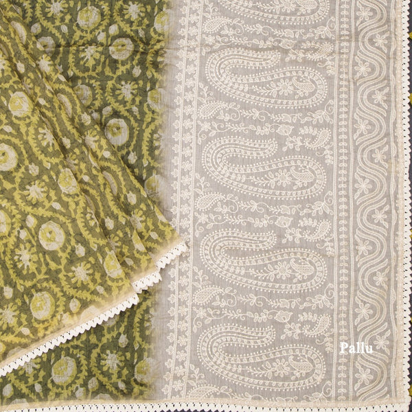 Chanderi Olive Green Printed Saree