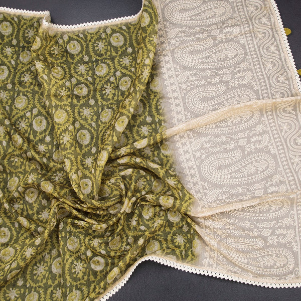 Chanderi Olive Green Printed Saree
