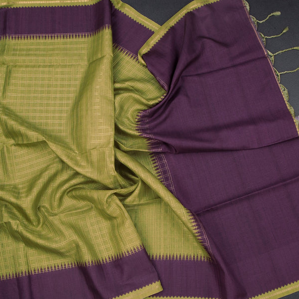 Raw Silk Light Green Zari Checked Saree