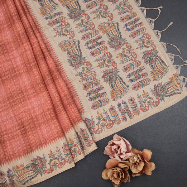 Raw Silk Peach Zari Checked Saree