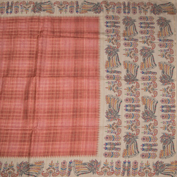 Raw Silk Peach Zari Checked Saree