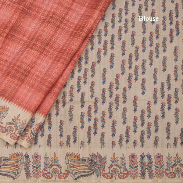 Raw Silk Peach Zari Checked Saree