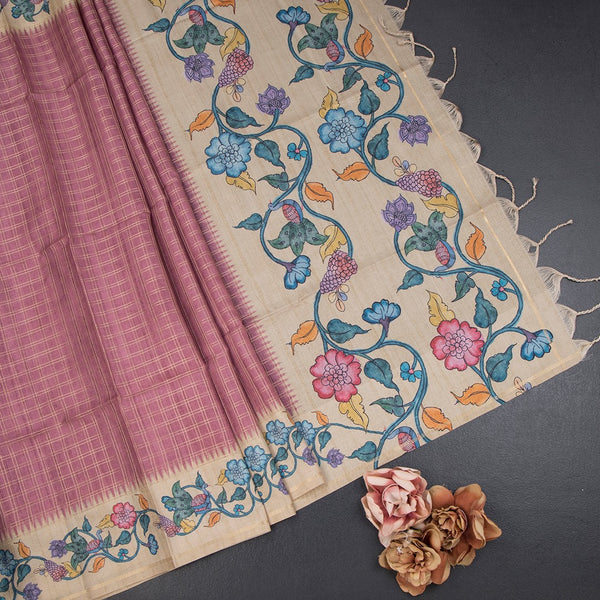 Raw Silk Onion Pink Zari Checked Saree
