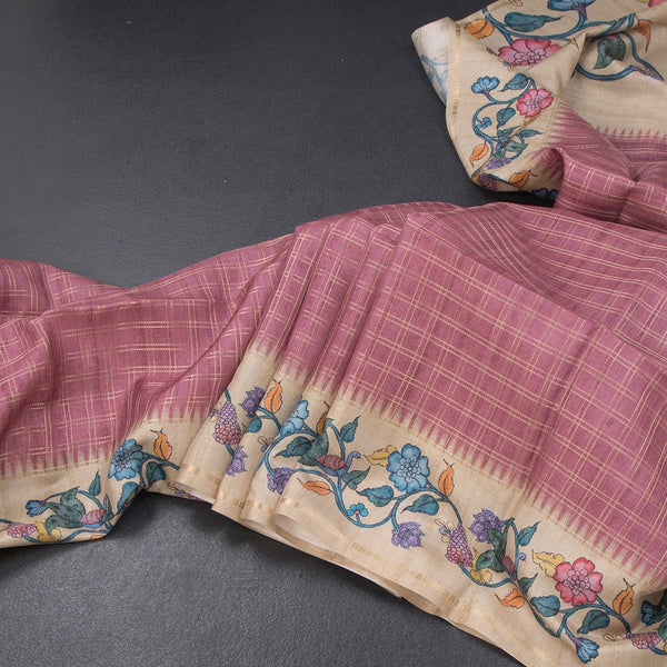 Raw Silk Onion Pink Zari Checked Saree