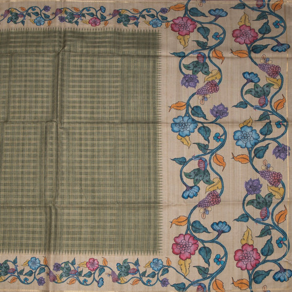 Raw Silk Olive Green Zari Checked Saree 02