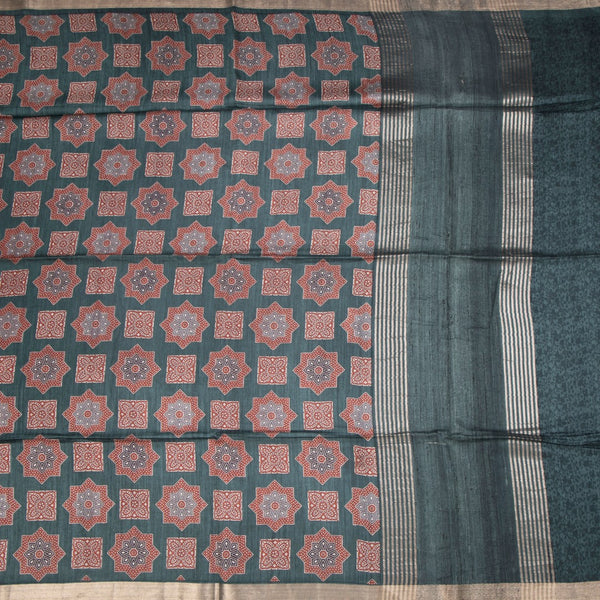 Pure Tussar Dark Green Printed Saree
