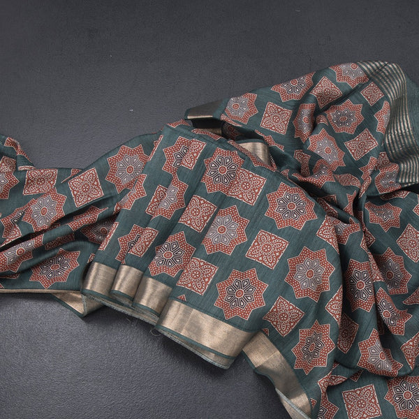 Pure Tussar Dark Green Printed Saree