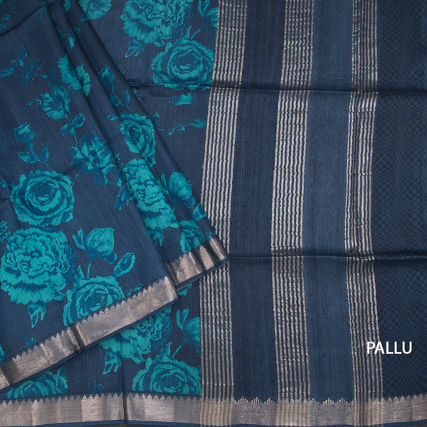 Pure Tussar Dark Blue Floral Printed Saree 04