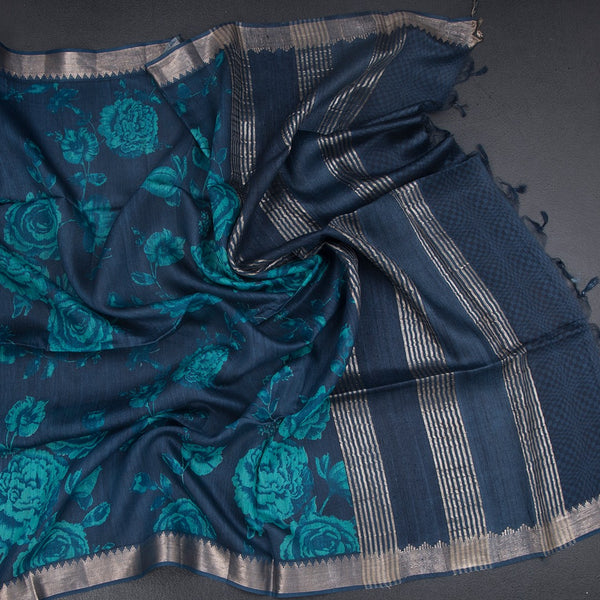 Pure Tussar Dark Blue Floral Printed Saree 04
